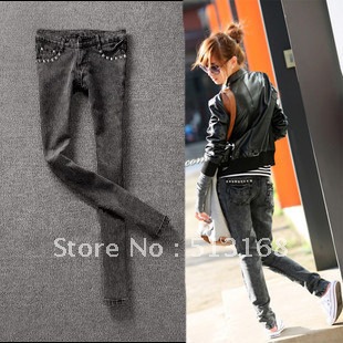 2012 Women's fashion new slim black rivet pants skinny pants pencil pants denim Jeans free shipping