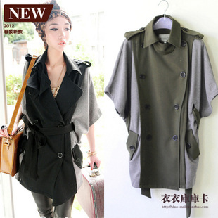 2012 women's fashion normic double breasted batwing sleeve poncho color block decoration overcoat trench