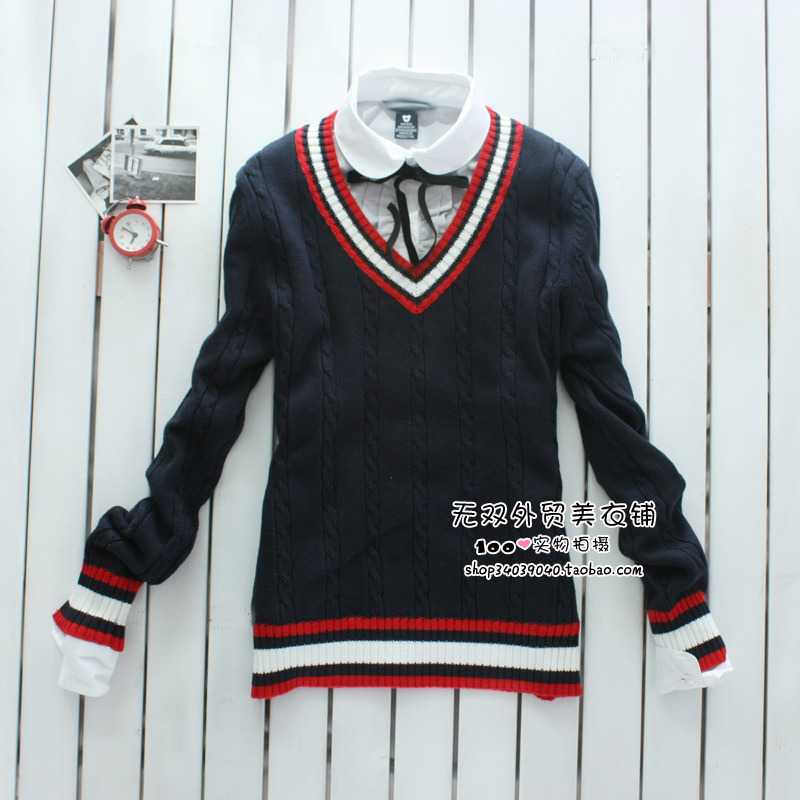 2012 women's fashion preppy style twisted V-neck 100% cotton sweater thickening sweater Women