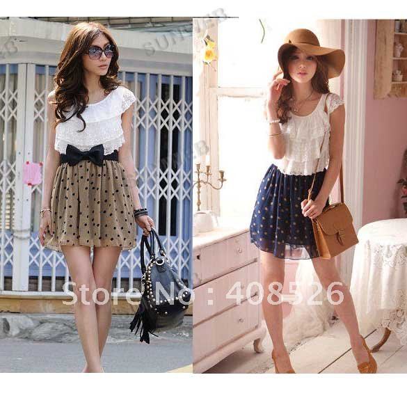 2012 Women's Fashion Trendy Korean Lace Chiffon Mini Dress Outfit without blet 2 colors free shipping 3803