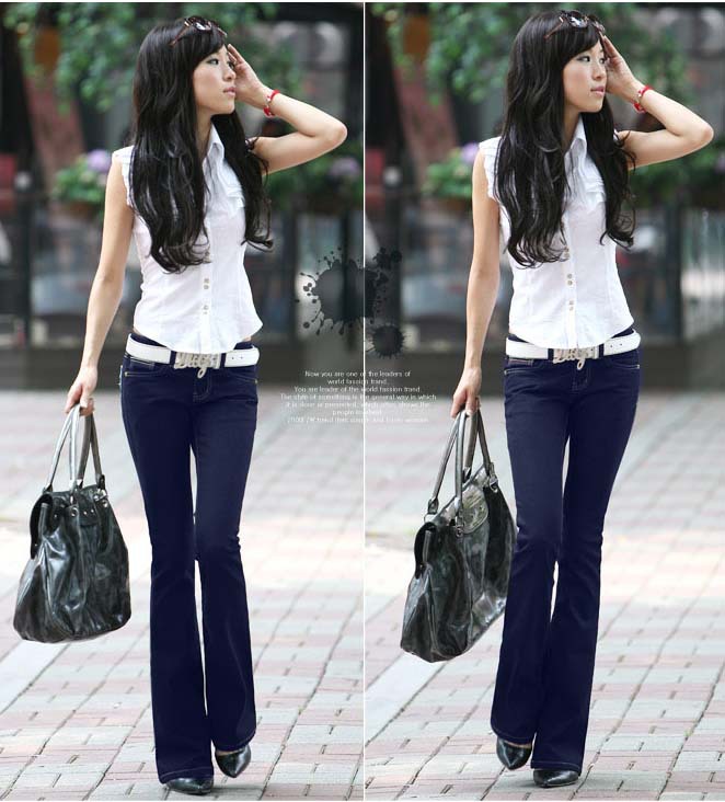 2012 women's four seasons basic fashion elegant leg slim mid waist bell-bottom denim trousers