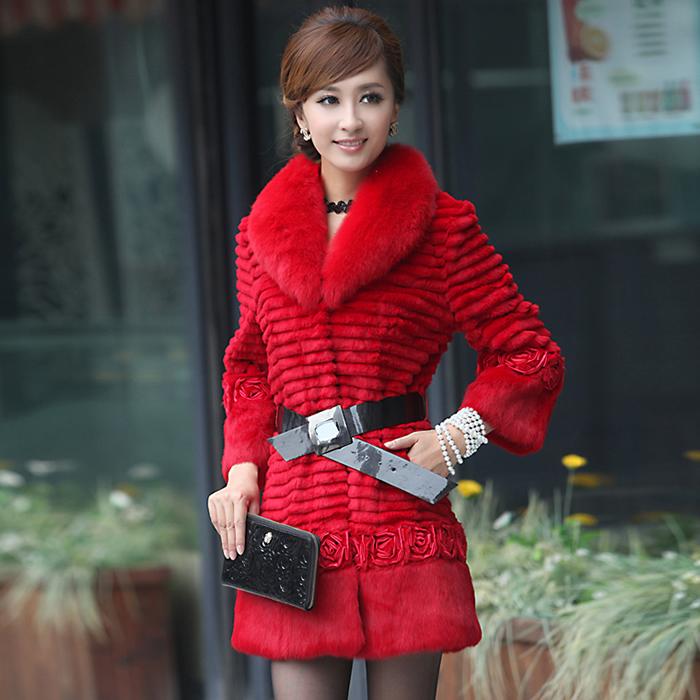 2012 women's fox fur neck rabbit fur overcoat medium-long rabbit fur coat 3 color for chooce with sweety flower adorned