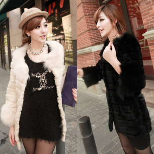 2012 women's fox fur patchwork rabbit fur stripe medium-long fur coat 9999