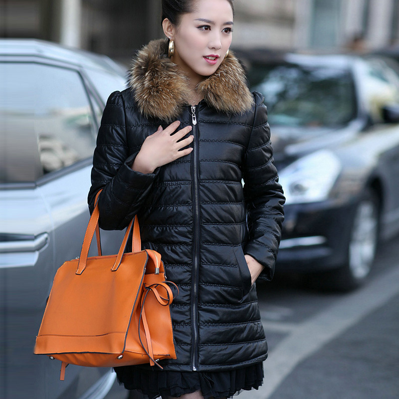 2012 women's fur collar lace leather wadded jacket cotton-padded   winter plus size medium-long thickening