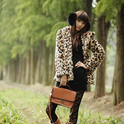 2012 women's fur medium-long outerwear leopard print faux winter with a hood all-match gentlewomen trend