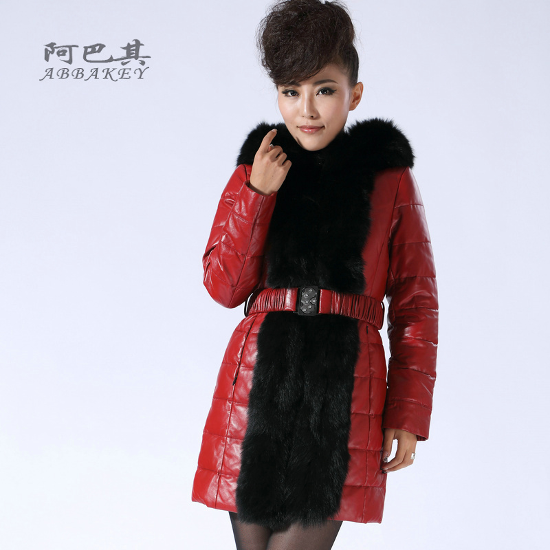 2012 women's genuine leather  women down coat sheepskin leather  female long design ultralarge fox fur with a hood down jacket