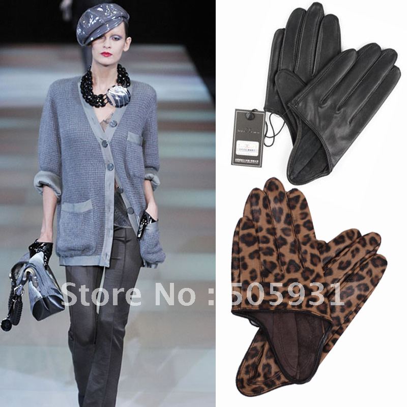 2012 Women's gloves, thin hip-hop genuine leather gloves, semi-finger leopard leather gloves, 2 pairs  1 lot, free shipping