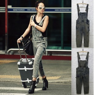 2012 women's handsome all-match large pocket denim bib pants trousers bib pants y9231