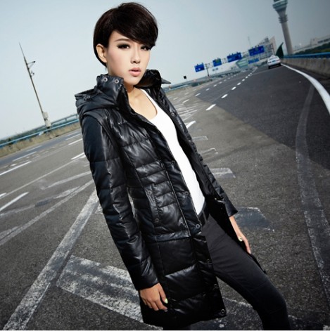 2012 Women's high quality winter fashion black leather long slim down jackets/coat free shipping