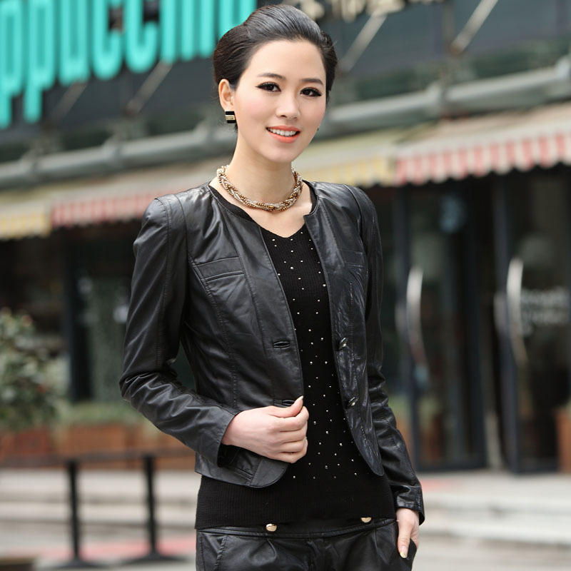 2012 women's leather clothing female genuine leather sheepskin slim o-neck women's outerwear