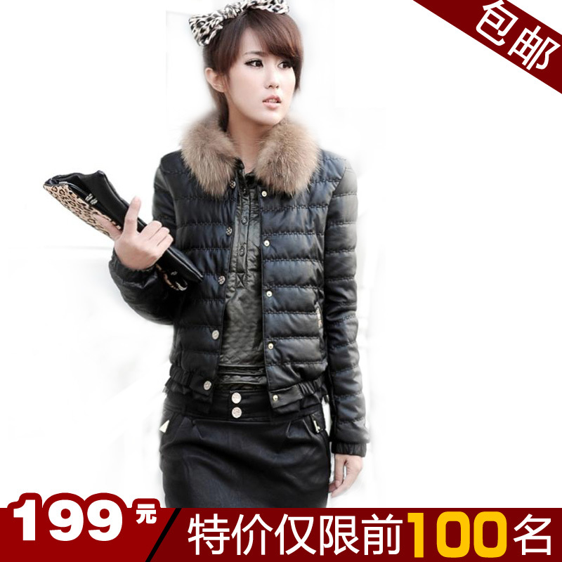 2012 women's leather clothing short design slim o-neck fur collar PU clothing motorcycle leather jacket outerwear plus cotton