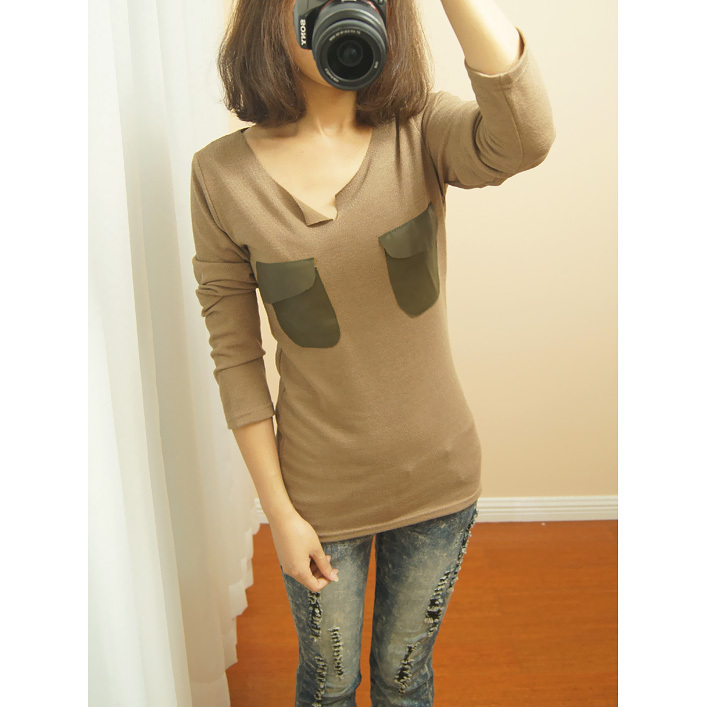 2012 women's leather pocket moben knitted slim placketing long-sleeve basic shirt t-shirt