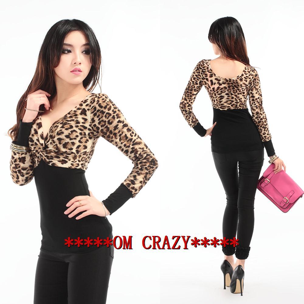 2012 women's leopard print colorant match flower racerback long-sleeve sexy top leapord patchwork blouses shirt-Free Shipping