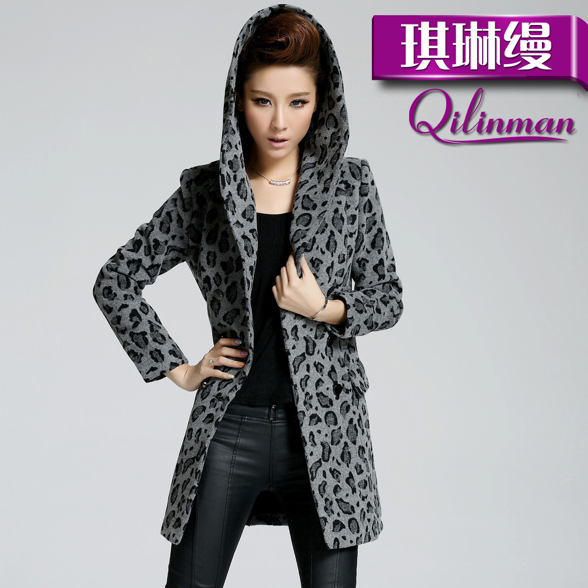 2012 women's leopard print double breasted with a hood long design slim woolen overcoat outerwear 5151