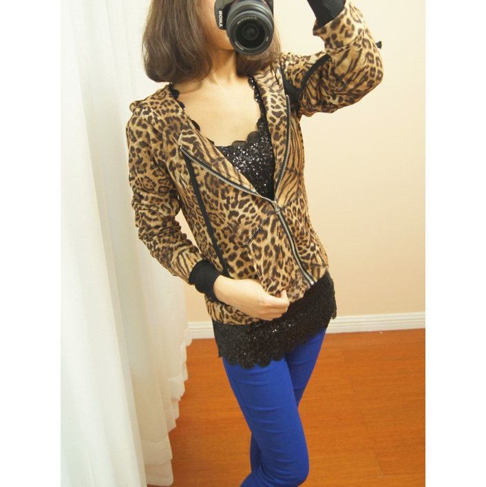 2012 women's leopard print with a hood drawstring casual zipper-up short coat