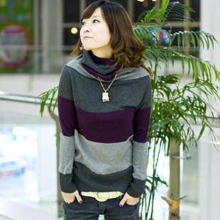 2012 women's long-sleeve heap turtleneck sweater slim sweater stripe knitwear