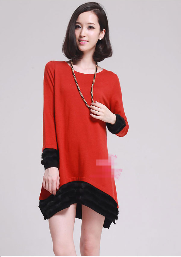 2012 women's luxurious sweep mink hair brief genuine leather long-sleeve wool one-piece dress woman