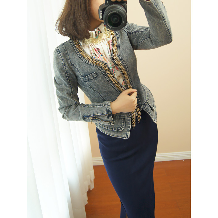 2012 women's metal chain slim all-match water wash wearing white quality denim outerwear