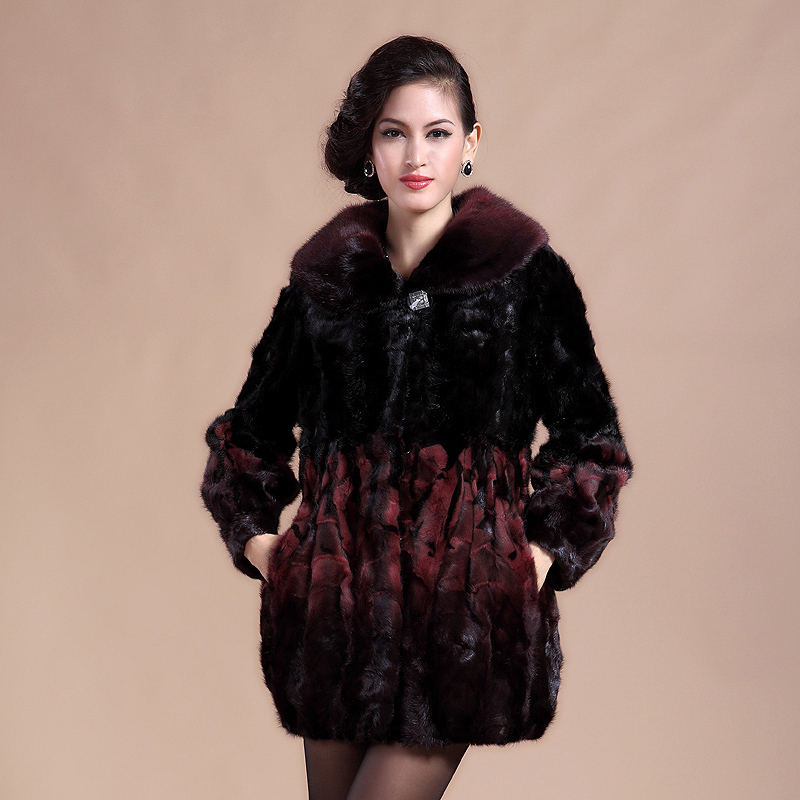 2012 women's mink fur coat top black botton pleated dark rose red genuine mink fur overcoat medium-long loose outerwear fur