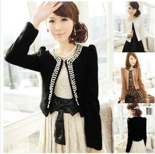 2012 women's new arrival women's pearl bordered puff sleeve woolen ol blazer