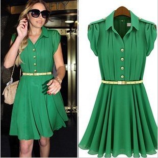 2012 Women's New Fashion Lapel Collar Singe Breasted Dress with Belt Ruffled Dresses Free Shipping  YC-483