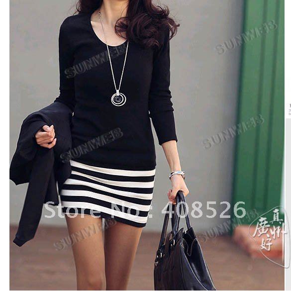 2012 women's new Korean ladies large size fashion Slim stripe dress free shipping 3691