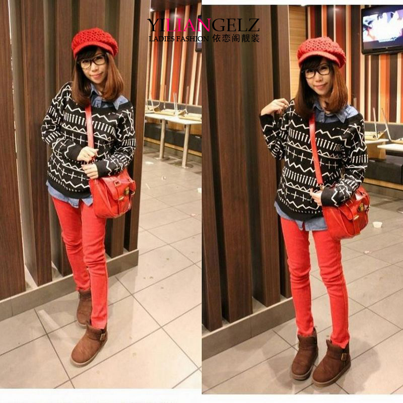 2012 women's o-neck long-sleeve cross wave stripe sweater geometric graphic patterns sweater