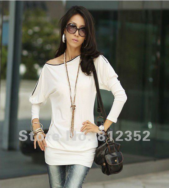 2012 Women's Off-Shoulder Tops Shirt Elegant Zip Korea Batwing OL Long Sleeve Mini Dress 3 Colors Free shopping