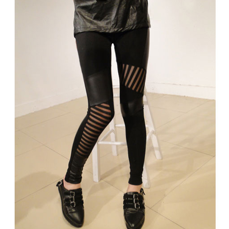 2012 women's personality paragraph perspectivity patchwork leather repair tight legging trousers