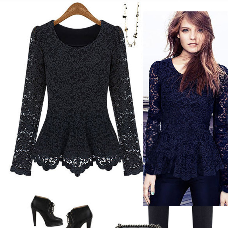 2012 women's plus size cutout lace top long-sleeve lace basic shirt