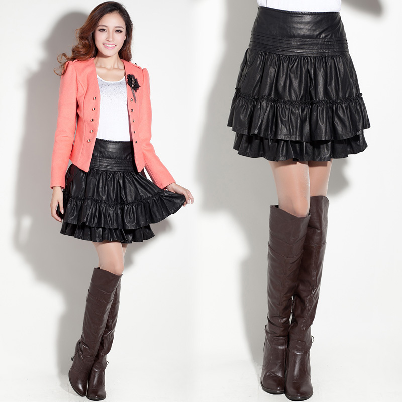 2012 women's PU layered dress water wash bust skirt fashion autumn and winter leather short skirt