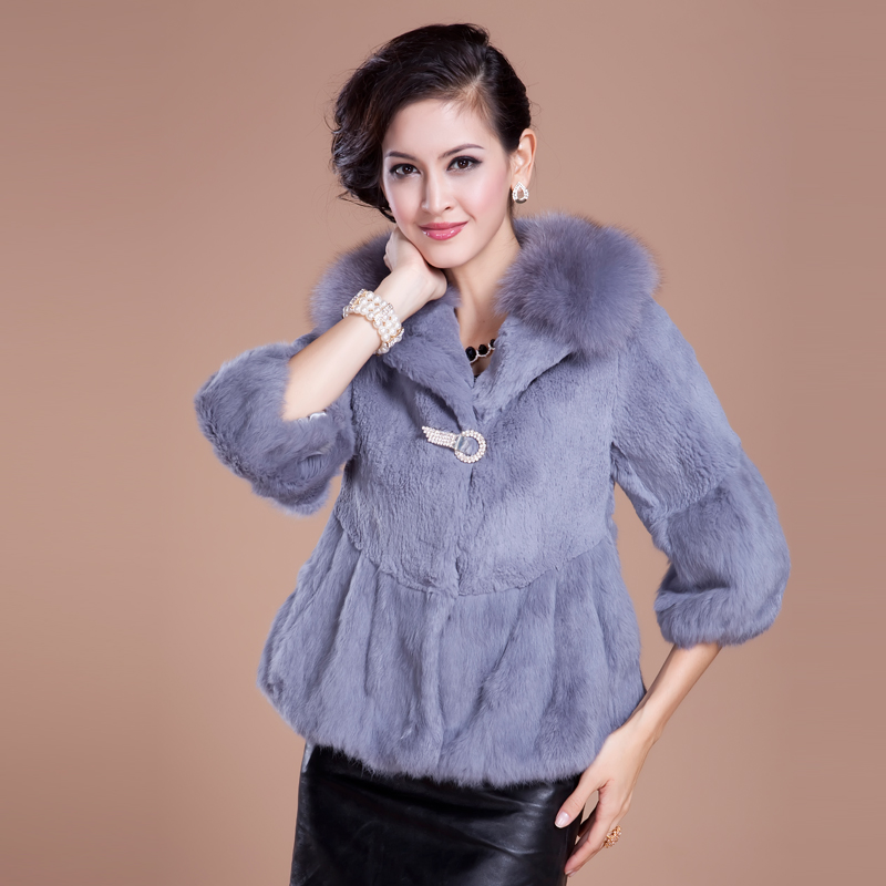 2012 women's rabbit fur coat muti color full leather fur coat fox fur neck ems free shipping with diamond buckle