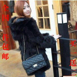 2012 women's rabbit fur hooded fur coat casual overcoat wool outerwear