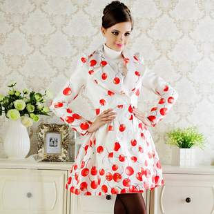 2012 women's red cherry slim waist skirt top long-sleeve trench free shipping