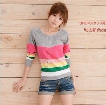 2012 women's reversible all-match stripe V-neck sweater Free shipping