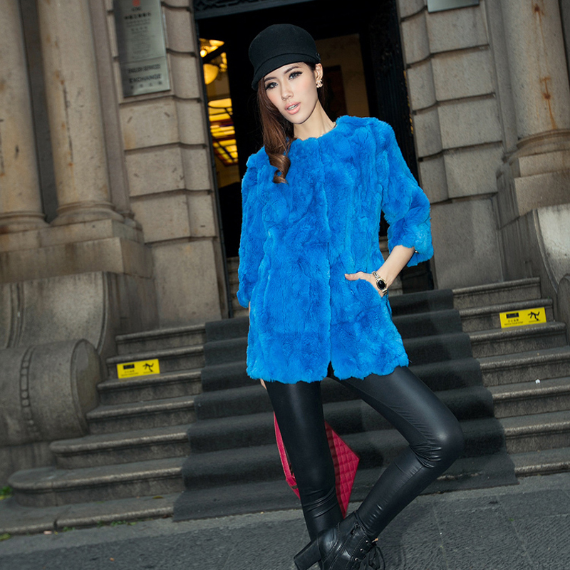 2012 women's rex rabbit hair patchwork medium-long o-neck fur coat