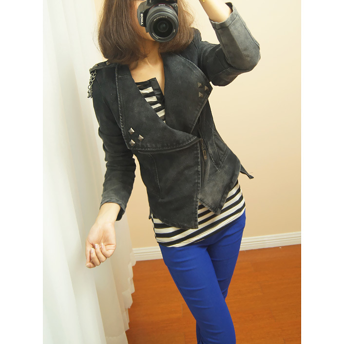 2012 women's rivet large lapel epaulette zipper strip water washed leather patchwork denim short jacket