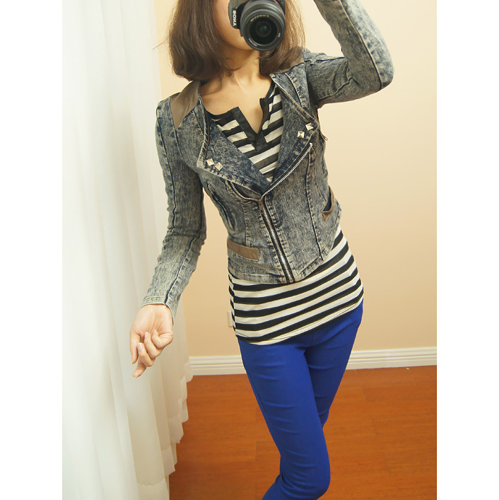 2012 women's rivet water washed leather patchwork wowed pocket denim short jacket