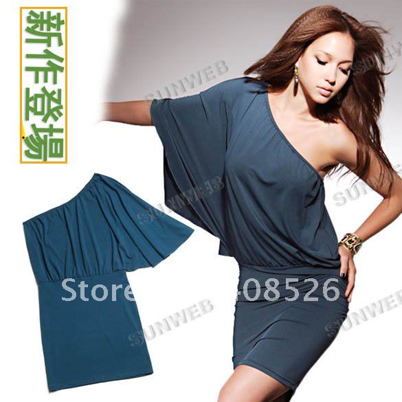 2012 women's Sexy dew shoulder/bud silk sleeve/dress/ fashion dress Batwing Blue free shipping 3956