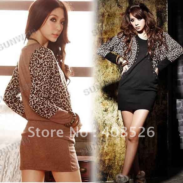 2012 Women's Sexy Fashion Cute Lady O-Neck Leopard Dress batwing Long-Sleeve one size 2 Color free shipping drop shipping 5581