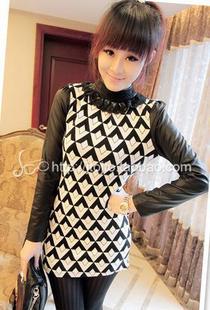 2012 women's sexy patchwork faux leather lace stand collar long-sleeve dress