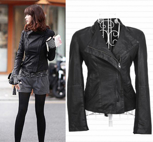 2012 women's short design outerwear slim fold stand collar stunning black leather clothing outerwear