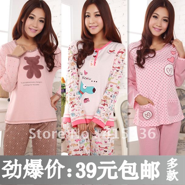 2012 women's sleepwear female 100% cotton long-sleeve cartoon knitted 100% cotton sleep set spring and autumn lounge