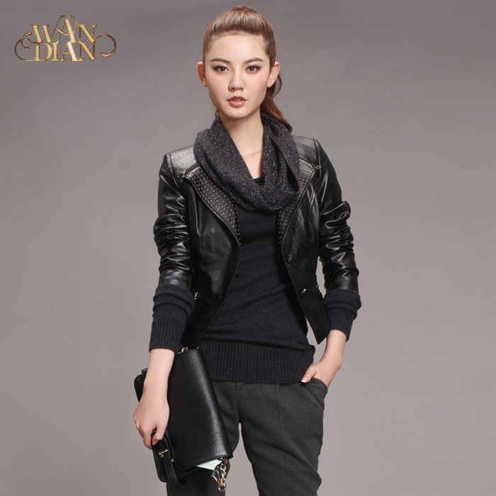 2012 women's slim punk V-neck rivet cotton-padded thick leather clothing outerwear 1114098 Free Shipping