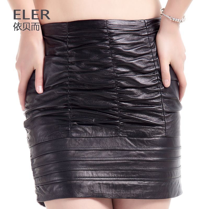 2012 women's slim sheepskin slim hip skirt bust skirt pleated skirt leather skirt short skirt