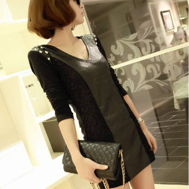 2012 women's slim spring and autumn sexy japanned leather thin basic shirt long-sleeve V-neck lace one-piece dress