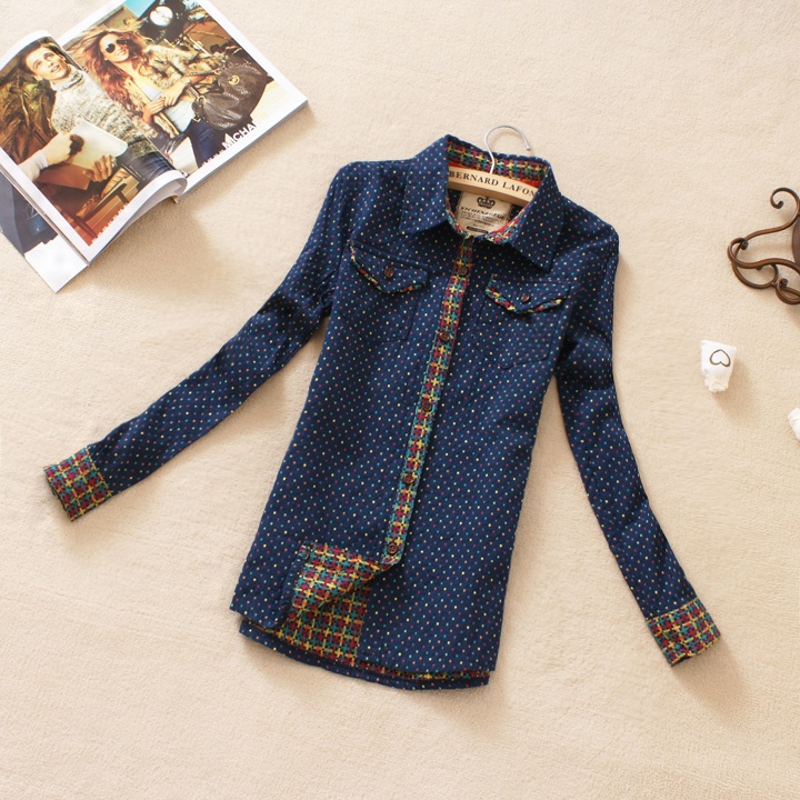 2012 women's small fresh multicolour polka dot vintage casual long-sleeve shirt 2