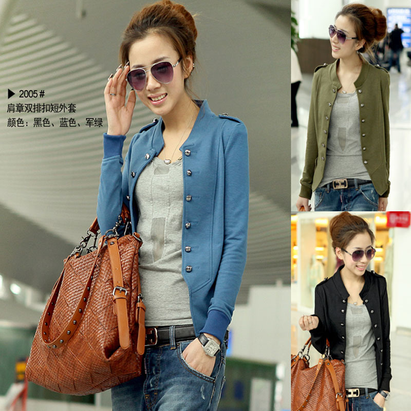 2012 women's solid color stand collar epaulette double breasted short jacket Good quality free shipping fashionA1130