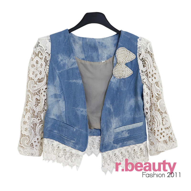 2012 women's spring pearl bow shoulder pads cutout crochet denim outerwear 13307