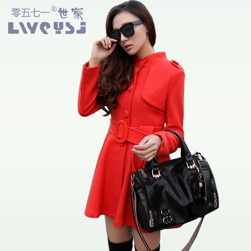 2012 women's stand collar epaulette wool skirt wool coat slim medium-long trench female outerwear